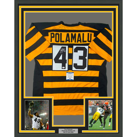 Framed Autographed/Signed Troy Polamalu 33x42 Pittsburgh Jersey Beckett COA