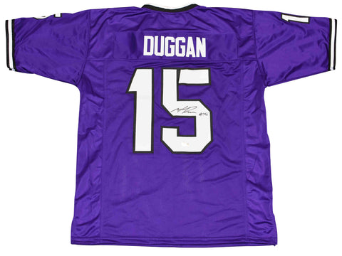 MAX DUGGAN SIGNED AUTOGRAPHED TCU HORNED FROGS #15 PURPLE JERSEY BECKETT