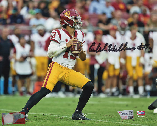 Caleb Williams Signed USC Trojans White Jersey Action 8x10 Photo -(FANATICS COA)