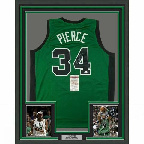 FRAMED Autographed/Signed PAUL PIERCE 33x42 Boston Green Jersey JSA COA Auto