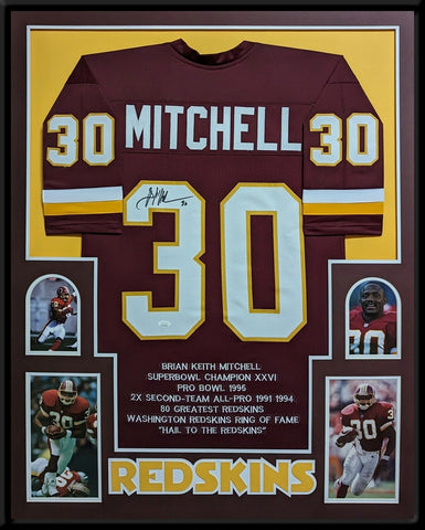 FRAMED WASHINGTON BRIAN MITCHELL AUTOGRAPHED SIGNED STAT JERSEY JSA COA