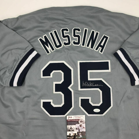 Autographed/Signed MIKE MUSSINA New York Grey Baseball Jersey JSA COA Auto