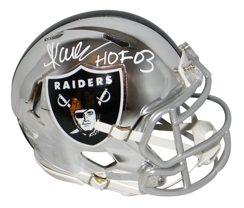 MARCUS ALLEN AUTOGRAPHED OAKLAND RAIDERS CHROME SPEED MINI HELMET W/ HOF 03