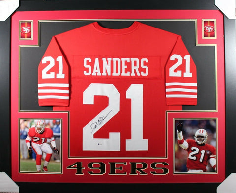 DEION SANDERS (49ers red SKYLINE) Signed Autographed Framed Jersey Beckett