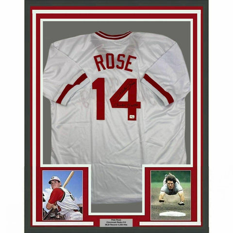 FRAMED Autographed/Signed PETE ROSE Charlie Hustle 33x42 White Jersey Holo COA 2