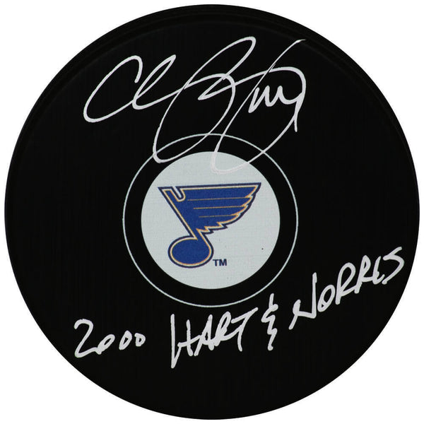 Chris Pronger Signed Blues Logo Hockey Puck w/2000 Hart & Norris -(SCHWARTZ COA)