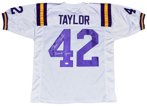 JIM TAYLOR SIGNED AUTOGRAPHED LSU TIGERS #42 WHITE JERSEY JSA W/ GEAUX TIGERS