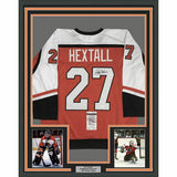 FRAMED Autographed/Signed RON HEXTALL 33x42 Philadelphia Orange Jersey JSA COA