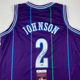 Autographed/Signed Larry Johnson Charlotte Purple Basketball Jersey JSA COA