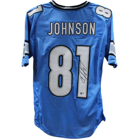 Calvin Johnson Autographed/Signed Pro Style XL Blue Jersey Beckett 44026