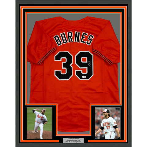 Framed Autographed/Signed Corbin Burnes 35x39 Baltimore Orange Jersey BAS COA