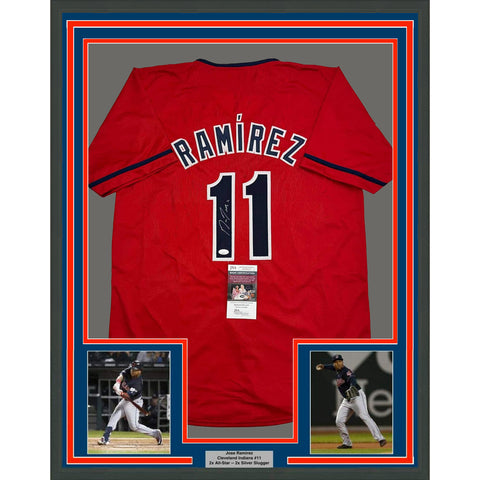 Framed Autographed/Signed Jose Ramirez 35x39 Cleveland Red Jersey JSA COA