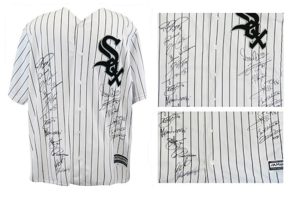 2005 White Sox Team Signed White Pinstripe Maj Baseball Jersey (18 Sigs)(SS COA)