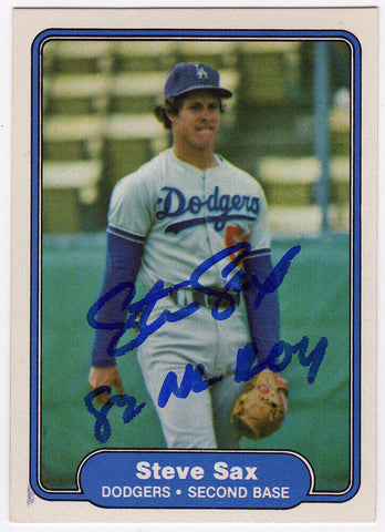 Steve Sax Signed Dodgers 1982 Fleer Rookie Card #21 w/82 NL ROY - (SCHWARTZ COA)