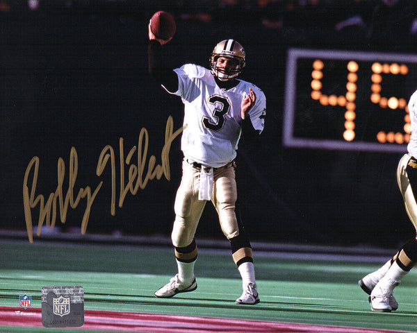 Bobby Hebert Signed Saints White Jersey Passing Action 8x10 Photo (SCHWARTZ COA)