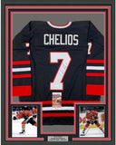 Framed Autographed/Signed Chris Chelios 35x39 Chicago Black Jersey JSA COA