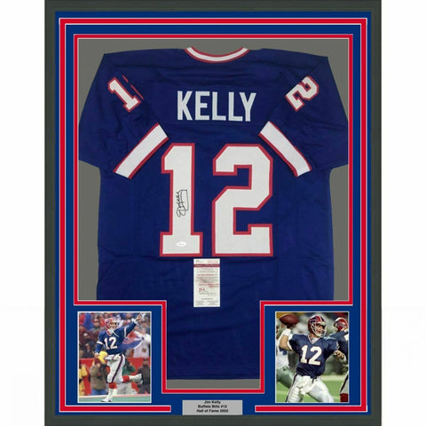 FRAMED Autographed/Signed JIM KELLY 33x42 Buffalo Blue Jersey JSA COA Auto