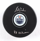 Grant Fuhr Signed Edmonton Oiler Logo Hockey Puck (Schwartz) 1988 Vezina Trophy