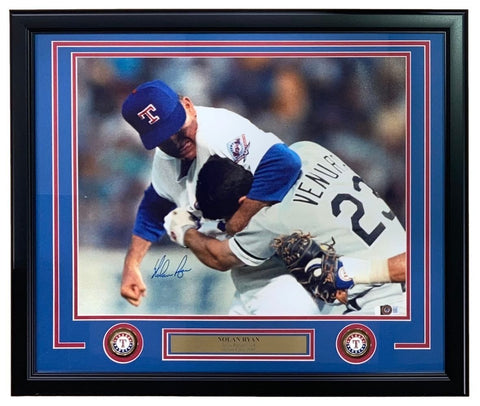 Nolan Ryan Signed Framed 16x20 Texas Rangers Ventura Fight Photo BAS