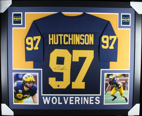 AIDEN HUTCHINSON (Michigan blue SKYLINE) Signed Autograph Framed Jersey Beckett