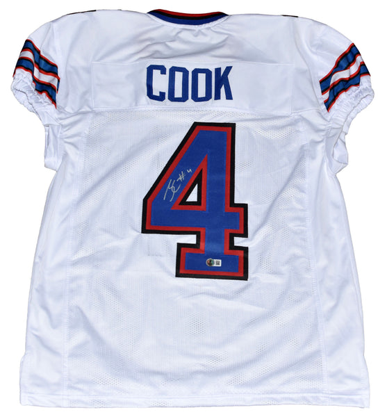 JAMES COOK AUTOGRAPHED BUFFALO BILLS #4 WHITE GAME CUT JERSEY BECKETT