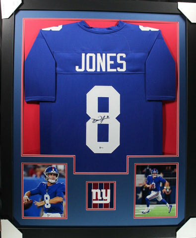 DANIEL JONES (Giants blue TOWER) Signed Autographed Framed Jersey Beckett