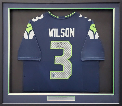 Seahawks Russell Wilson Autographed Framed Blue Nike Jersey RW Holo #39382