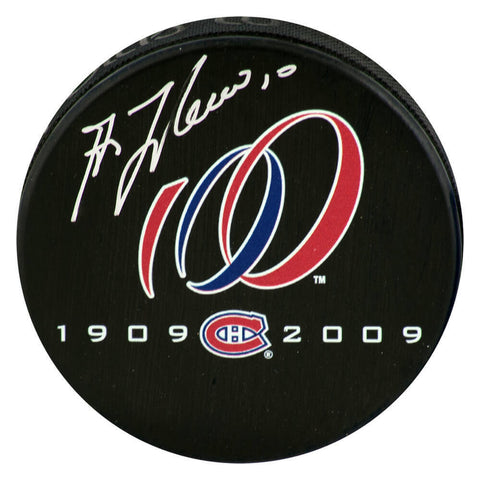 Guy Lafleur Signed Montreal Canadiens 100 Years Logo Hockey Puck -(SCHWARTZ COA)