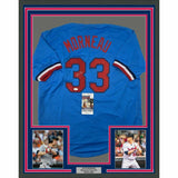 FRAMED Autographed/Signed JUSTIN MORNEAU 33x42 Retro Baseball Jersey JSA COA