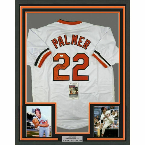 FRAMED Autographed/Signed JIM PALMER 33x42 Baltimore White Jersey JSA COA Auto