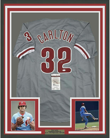 FRAMED Autographed/Signed STEVE CARLTON 33x42 Philadelphia Grey Jersey JSA COA