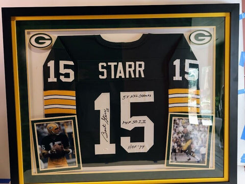 Starr Signed 36x44 Framed Jersey "5X NFL Champion", "MVP I, II," & HOF '77 - JSA