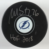 Martin St. Louis Signed Tampa Bay Lightning Logo Puck Inscr. HOF 2018 (PSA COA)