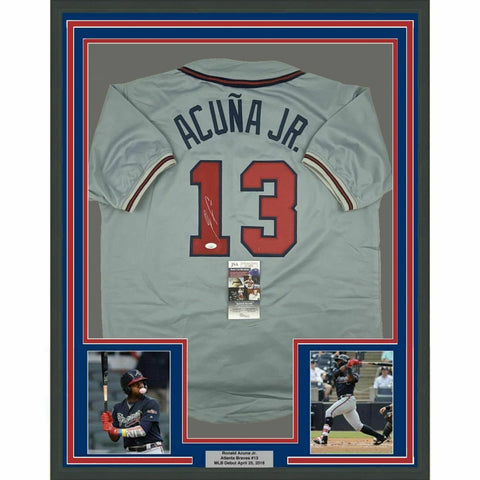 FRMAED Autographed/Signed RONALD ACUNA JR. 33x42 Atlanta Grey Jersey JSA COA