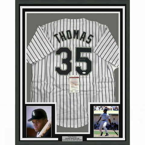 FRAMED Autographed/Signed FRANK THOMAS 33x42 Chicago Pinstripe Jersey JSA COA