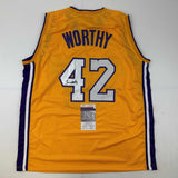 Autographed/Signed James Worthy Los Angeles LA Yellow Basketball Jersey JSA COA