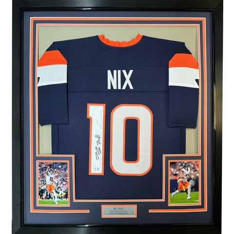 Framed Autographed/Signed Bo Nix 35x39 Denver Blue Football Jersey Beckett COA