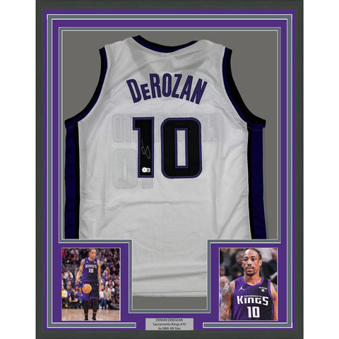 FramedAutographed/Signed DeMar DeRozan 35x39 Sacramento White Jersey Beckett COA