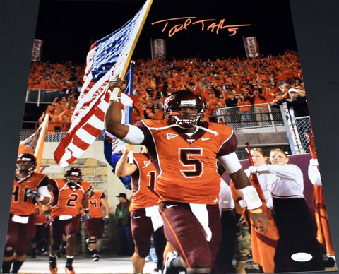 TYROD TAYLOR AUTOGRAPHED VIRGINIA TECH HOKIES USA FLAG 16x20 PHOTO JSA