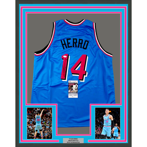 Framed Autographed/Signed Tyler Herro 33x42 Miami Blue Vice City Jersey JSA COA