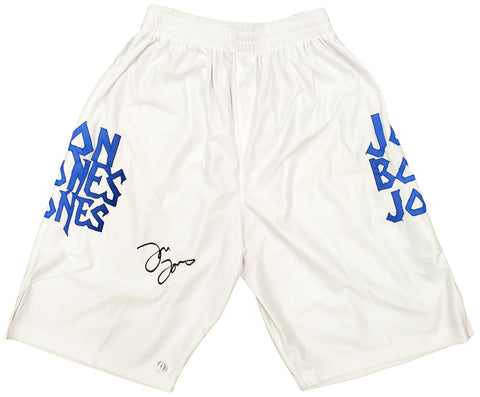 JON BONES JONES AUTOGRAPHED WHITE BOXING TRUNKS BECKETT BAS QR STOCK #200323