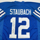 Autographed/Signed Roger Staubach Dallas Blue Football Jersey Beckett BAS COA