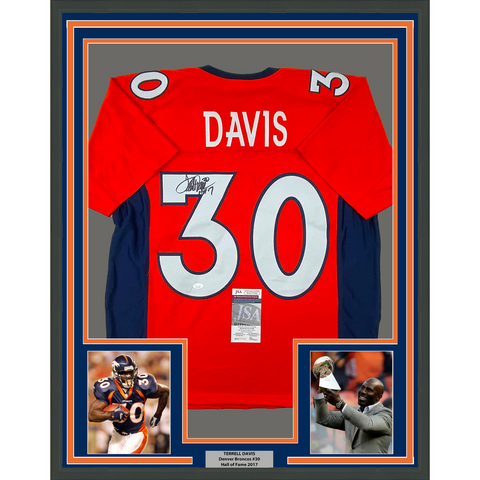 Framed Autographed/Signed Terrell Davis 33x42 HOF 17 Orange Jersey JSA COA