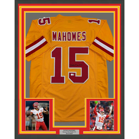 Framed Autographed/Signed Patrick Mahomes 35x39 KC Yellow Jersey Beckett BAS COA