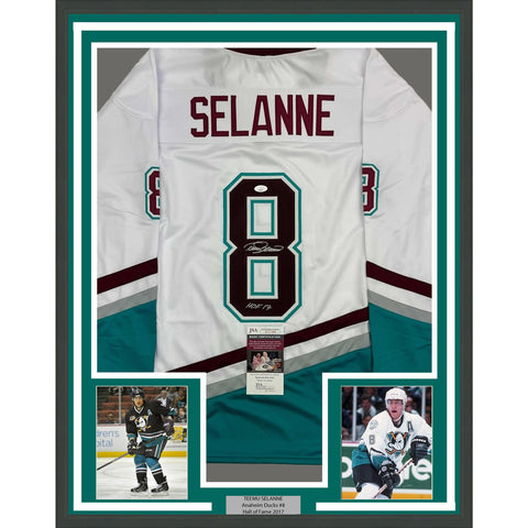 Framed Autographed/Signed Teemu Selanne HOF 35x39 Anaheim White Jersey JSA COA