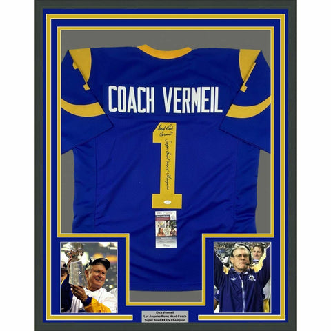 FRAMED Autographed/Signed DICK VERMEIL 33x42 SB Champion Blue Jersey JSA COA