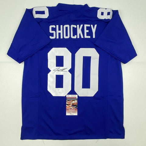 Autographed/Signed JEREMY SHOCKEY New York Blue Football Jersey JSA COA Auto