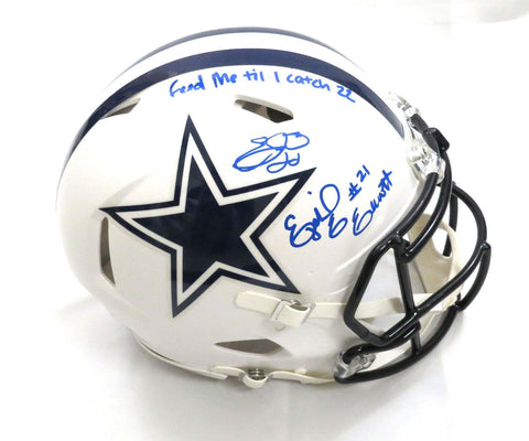 Emmitt Smith & Ezekiel Elliott Signed Dallas Cowboys Flat White Auth Helmet BAS