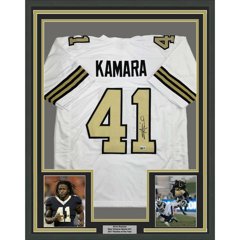 Framed Autographed/Signed Alvin Kamara 35x39 New Orleans CR Jersey Beckett COA