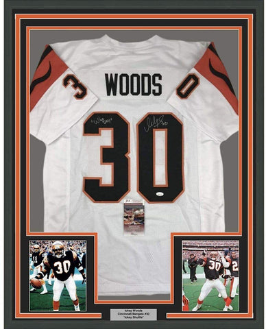 Framed Autographed/Signed Ickey Woods 35x39 Cincinnati White Jersey JSA COA